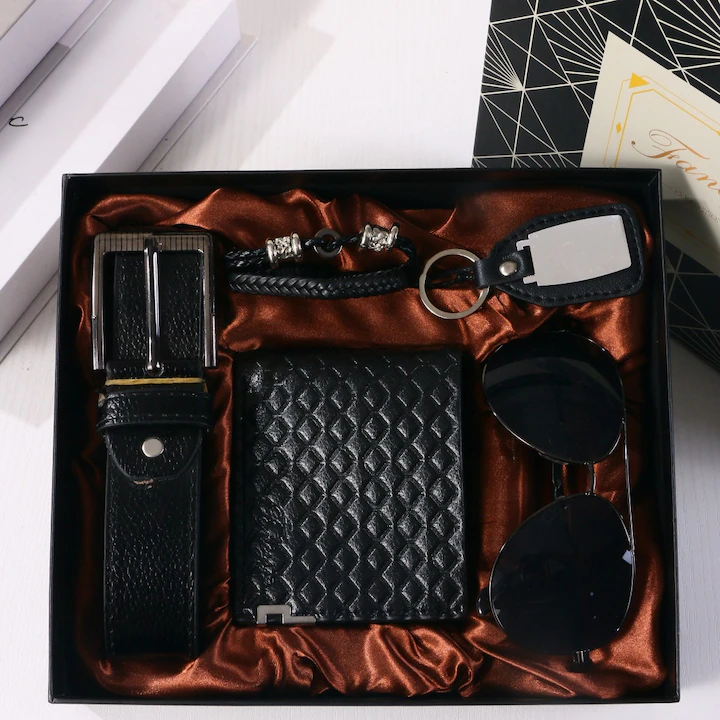 Set cadou pentru barbati 5 piese, NEVERMORE, ochelari de soare, curele, portofel, bratara si breloc, perfect pentru el, domnule, tata, sot, fiu, frate, coleg, Negru