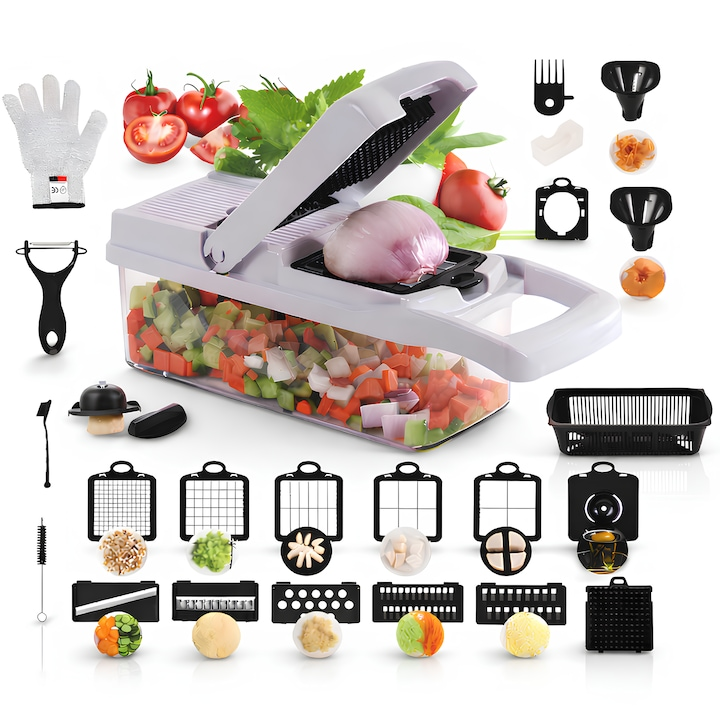 Tocator de Legume 26 in 1, NEVERMORE, Feliator multifunctional, separator de albusuri, maruntitor, feliere, cadou perfect, Lame inox, Rezistent, Manere ergonomice, 31 x 11 x 10 cm, Alb