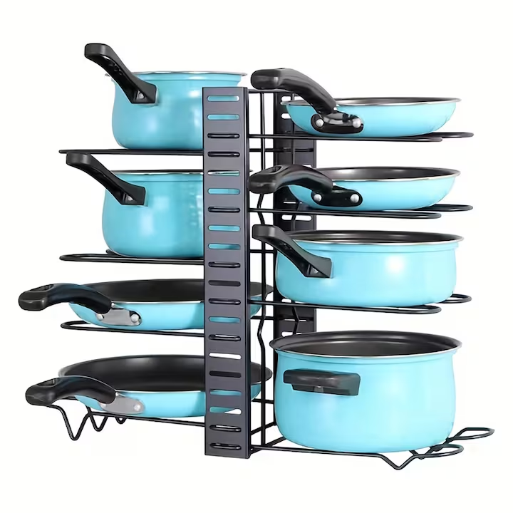 Suport vesela bucatarie ajustabil multifunctional cu 8 rafturi din metal pentru capace sau oale, NEVERMORE, protectie cauciuc, Negru