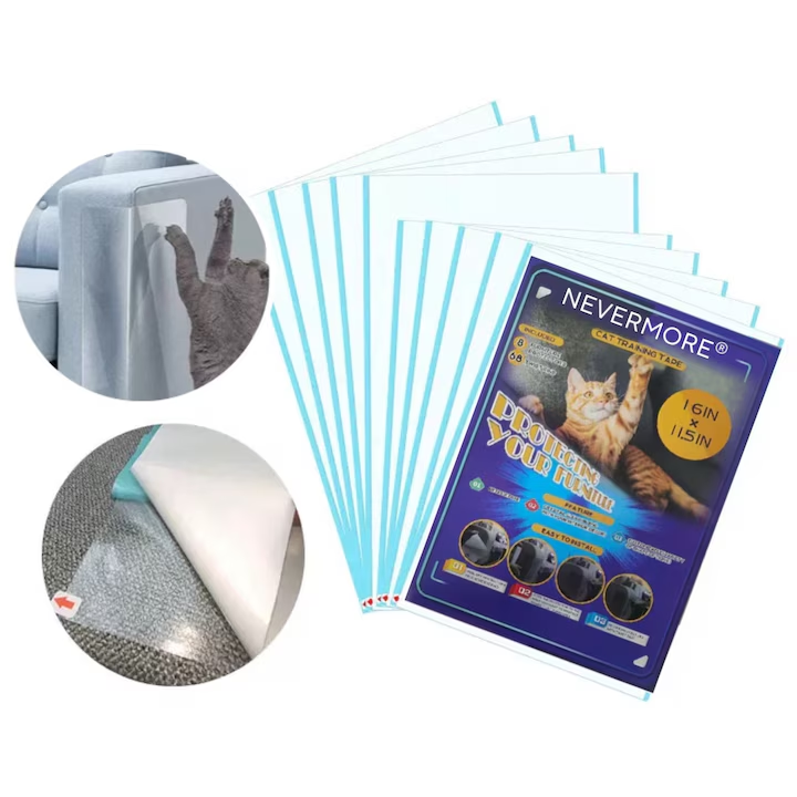 Set 10 Protectie Impotriva Zgarieturilor de Pisici si Caini pentru Obiecte din Lemn sau Material Textil, NEVERMORE, Pat, Canapea, Scaun, Usa, Covor, Polietilena Autoadeziva, Rezistenta la Apa, 40 agrafe, Transparent