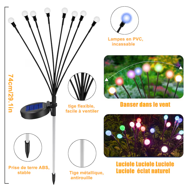 Pachet 2 Lampa solara de gradina, 8LED, Efect de licurici, Impermeabil, Multicolor