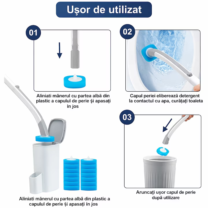 Perie WC pentru toaleta de unica folosinta, 8 capete de schimb inclus, NEVERMORE, Alba