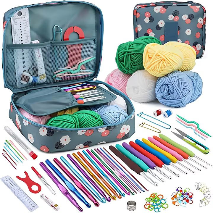 Set Crosetat Complet, 107 Accesorii, Crosetat incepatori si avansati, Crosete Ergonomice, Fire, Marcatoare, Ace si Geanta de Depozitare, Multicolor