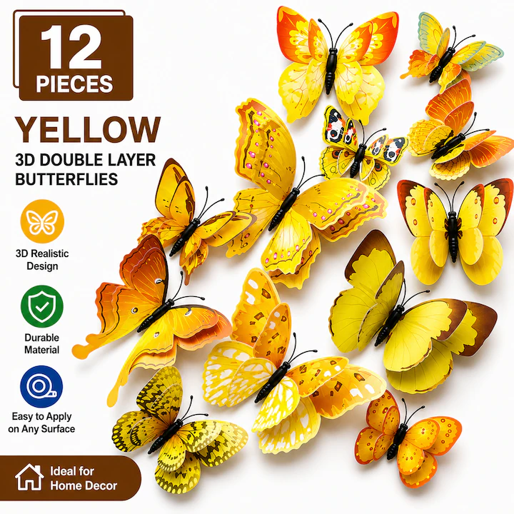Set 12 Fluturi 3D pentru Perete, Autocolante Decorative cu Magnet si Adeziv, PVC Rezistent, Decor Casa, Dormitor, Living, 12 / 10 / 8 / 6 cm