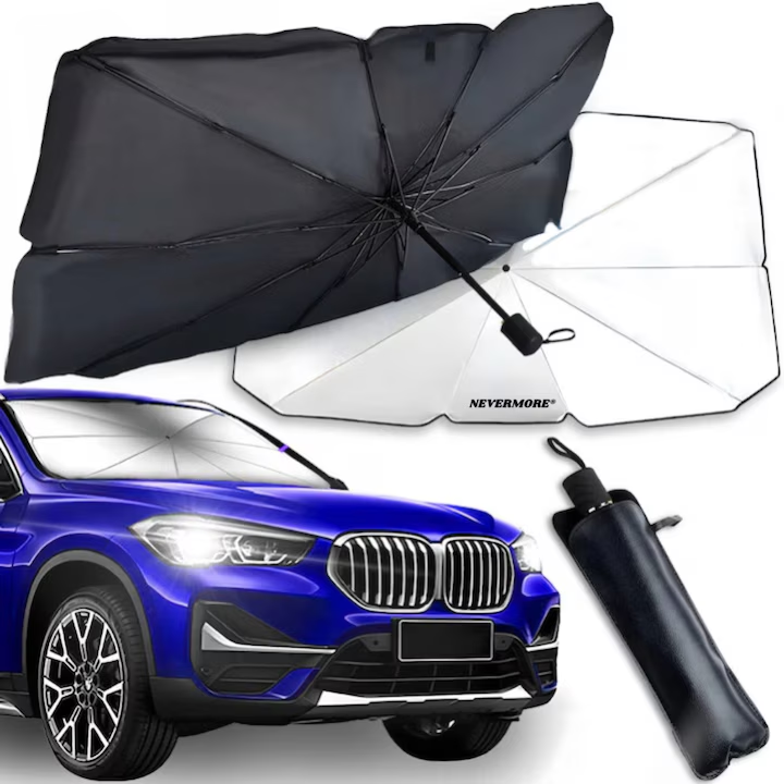 Parasolar Auto Pliabil pentru parbriz masina, NEVERMORE, in Forma de Umbrela, Rezistent UV, 115 x 65 cm, Negru