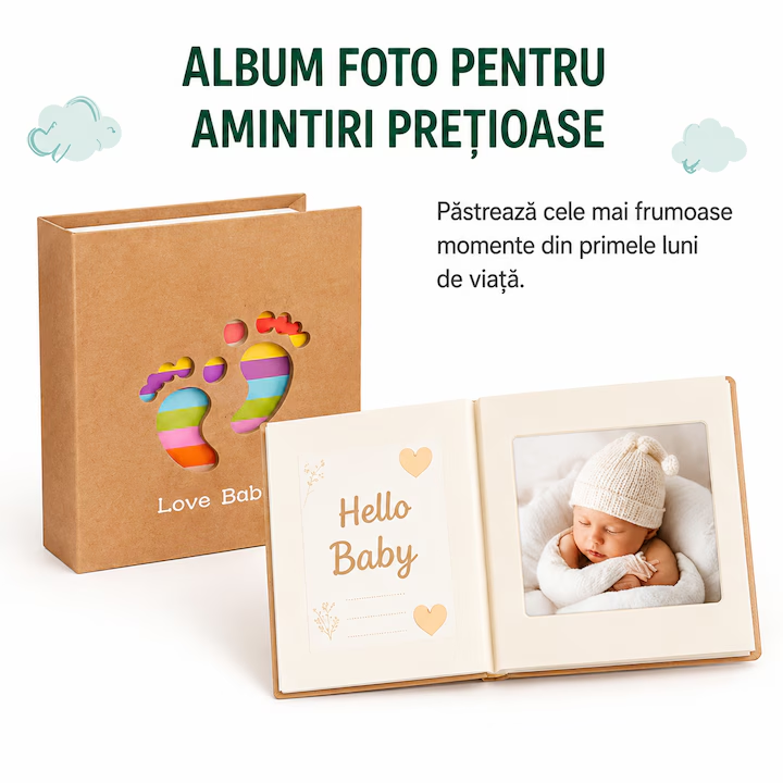 Set cadou premium pentru nou-nascut, NEVERMORE, Caciulita, Saltea infasat, Prosop cu gluga, Album foto, Muselina bumbac, Banut amuzant, cutie cadou