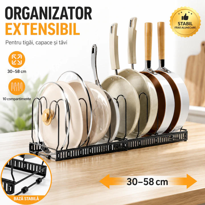 Organizator Extensibil pentru Vase si Tigai, Suport pentru Capace si Tigai, Reglabil 30-58 × 18 × 18 cm, din Otel Carbon, 10 Compartimente, Negru