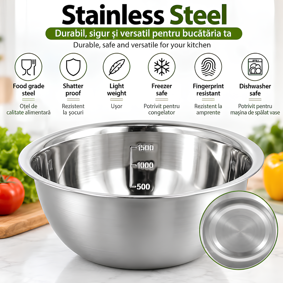 Set 5 Boluri de Bucatarie din Inox, cu Gradatii de Masurare, Diametre 14/16/20/22/24 cm, pentru Amestecare, Salate, Depozitare, Sosuri, Preparare si Servire, Argintiu