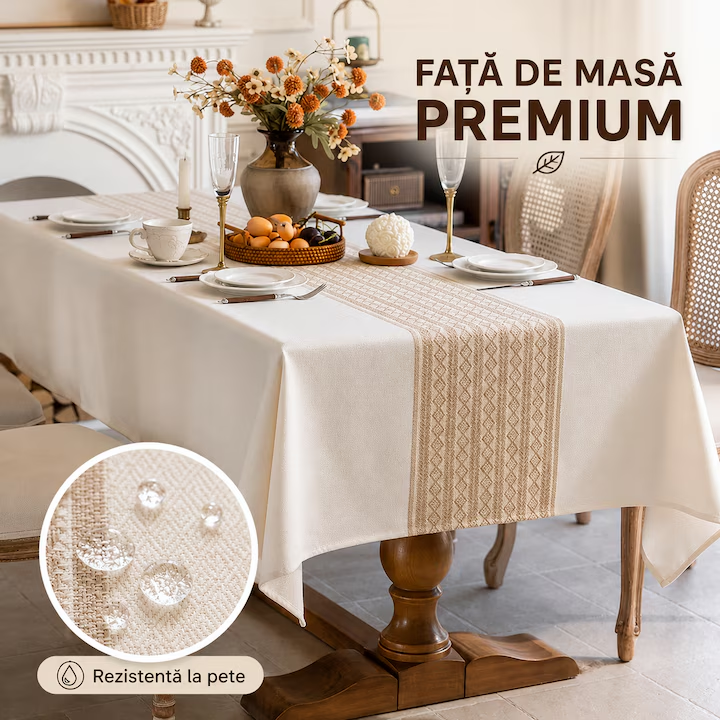 Fata de masa Premium, NEVERMORE, Design Rustic Elegant, Rezistenta la Pete, 140 × 220 cm, Crem/Maro