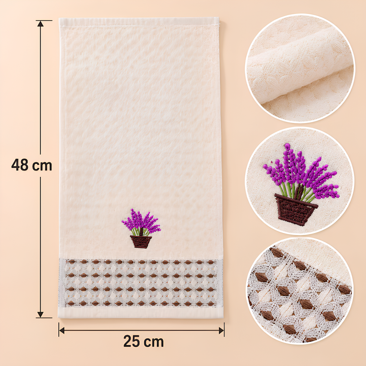 Set 12 Prosoape de Bucatarie cu Broderie Florala, 48 x 25 cm, Model Lavanda, Bordura Decorativa, Textura Reliefata, Culoare Crem