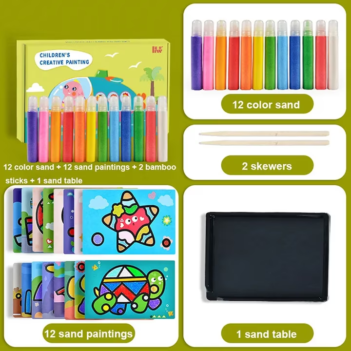 Set jucarie creativa Pictura cu nisip colorat, NEVERMORE, 12 culori de nisip si 12 Pictura cu animale