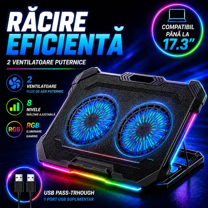 Cooler Laptop Gaming RGB cu 2 Ventilatoare Puternice si Silentioase cu Viteza Ajustabila, 10 Efecte de Iluminare, Ecran LCD, 8 Trepte de Inaltime, USB Pass-Through, Suport Telefon, pentru Birou, Calatorii, Negru