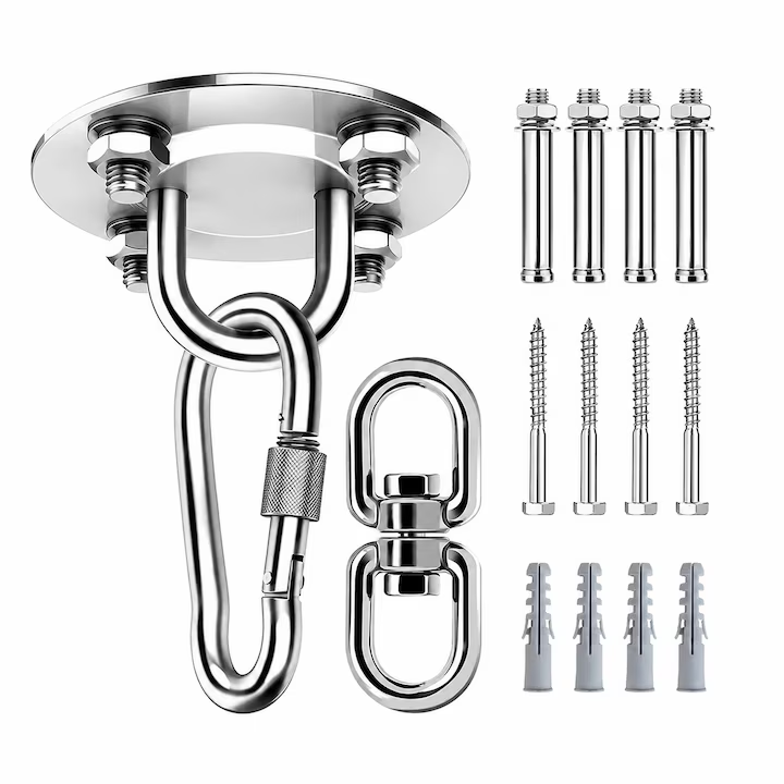 Set Suport De Tavan pentru hamac, cu 2 conectori carabinier si pivot rotativ 360°, Carlig tavan rotativ, cu suruburi de fixare, capacitate 400kg, Inox, Argintiu