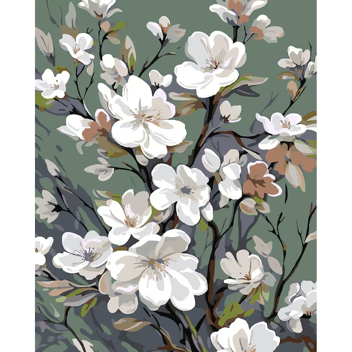 Set pictura pe numere - panza pe rama lemn 40x50 cm, floare de cais, NEVERMORE® 273, tablou cu schita, 3 pensule si vopsea acrilica