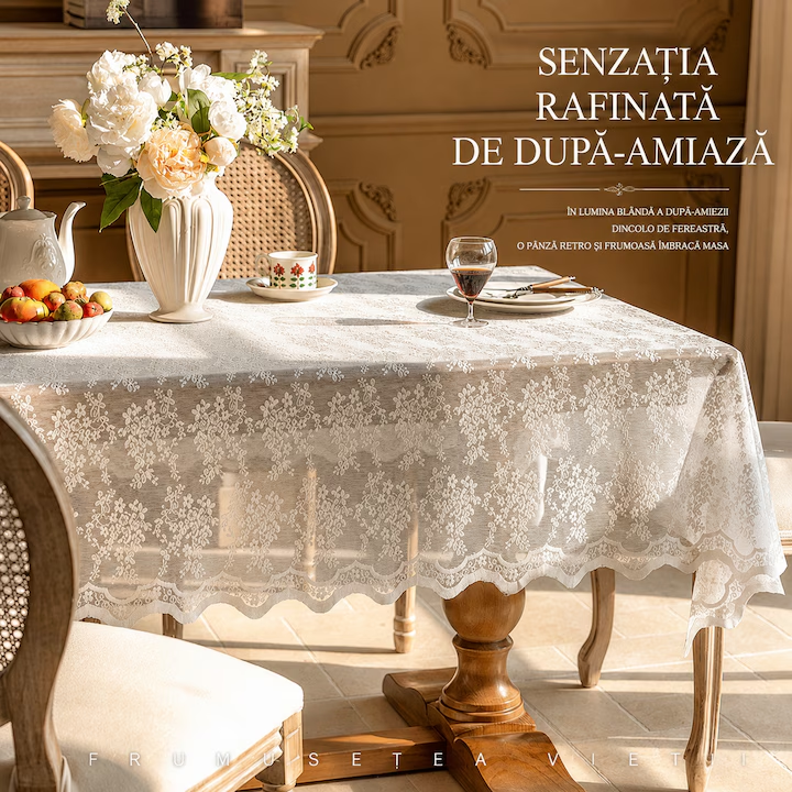 Fata de Masa din Dantela Retro 140x220 cm, Poliester, Model Floral Elegant, Stil Vintage, pentru Masa Dining si Bucatarie, Alb