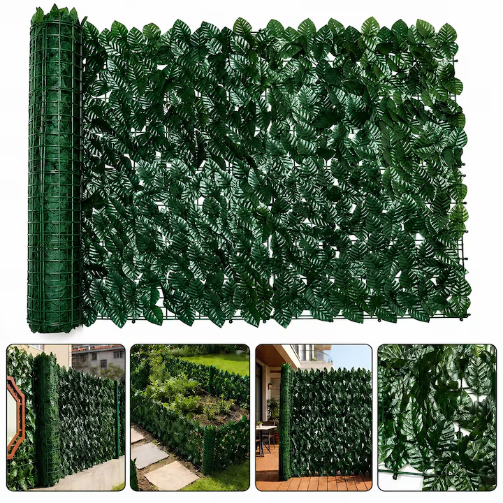 Gard paravan viu cu frunze artificiale, NEVERMORE, 300x100 cm, Potrivit pentru decorarea interioara si exterioara pe terase, balcoane, gradini si curti, Usor de instalat, Verde inchis
