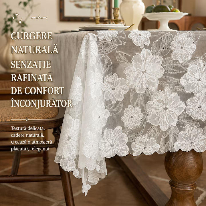 Fata de Masa din Dantela Florala Vintage, Eleganta si Romantica, Stil Francez Retro, Decor pentru Bucatarie si Sufragerie, Protectie pentru Masa, 140 × 180 cm, Alb