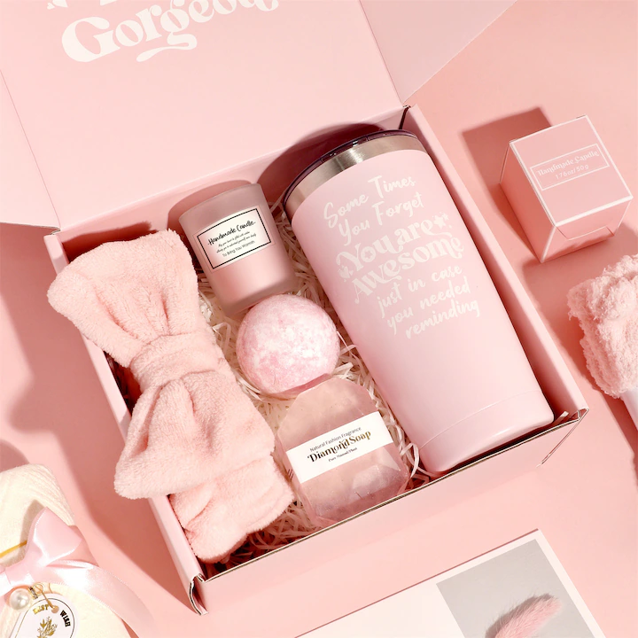 Set cadou spa pentru femei, NEVERMORE, 10 piese Cutie cadou, Ingrijire corp, Cana termos din inox, Bila de Baie, Sare de Baie, Sosete, Bratara, Lumanare Parfumata, cadou relaxant pentru Valentine, Ziua Mamei, Craciun, Roz