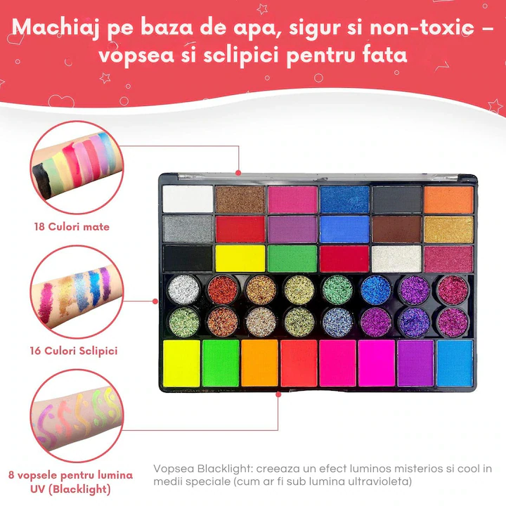 Set profesional, pictura pe fata si corp, copii si adulti, 42 culori, 10 pensule, sabloane, sticker, vopsea pe baza de apa, non-toxic, 3 ani +