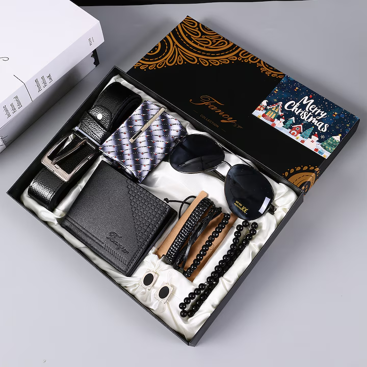 Set cadou pentru barbati 7 piese, NEVERMORE®, Portofel piele ecologica, curea cu catarama metalica, ochelari soare, set de 3 bratari cu design modern, cravata dungi, margele, butoni, cutie Luxury, cadoul ideal/zi de nastere