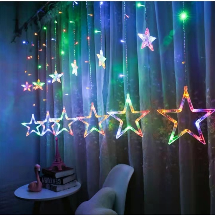 Instalatie de Craciun, Perdea luminoasa ploaie, Nevermore®, 12 Stele mari si mici, Interconectabila, Multicolor