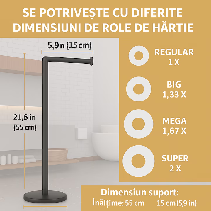 Suport hartie igienica, Nevermore, inox, negru, 55.5cm, baza stabila