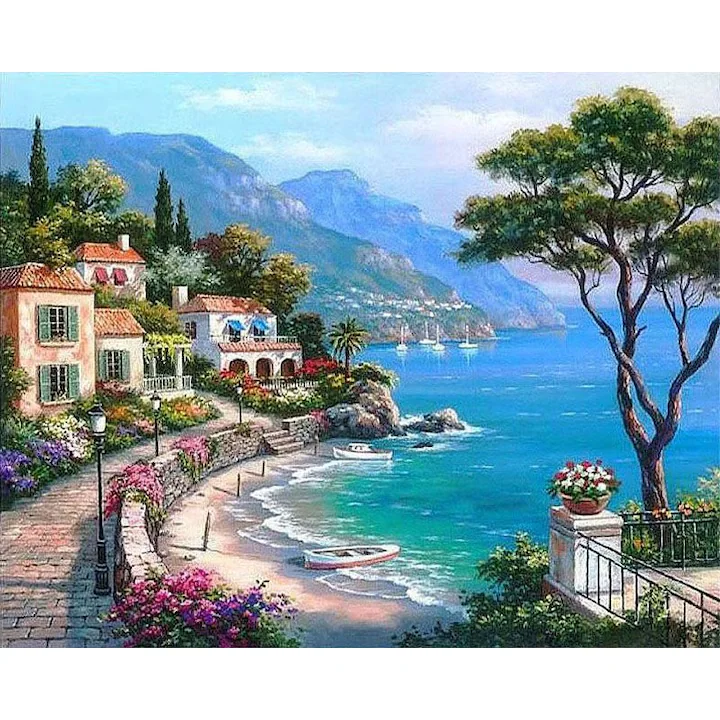 Set pictura pe numere - panza pe rama lemn 40x50 cm, Oras de coasta, NEVERMORE®, tablou cu schita, 3 pensule si vopsea acrilica