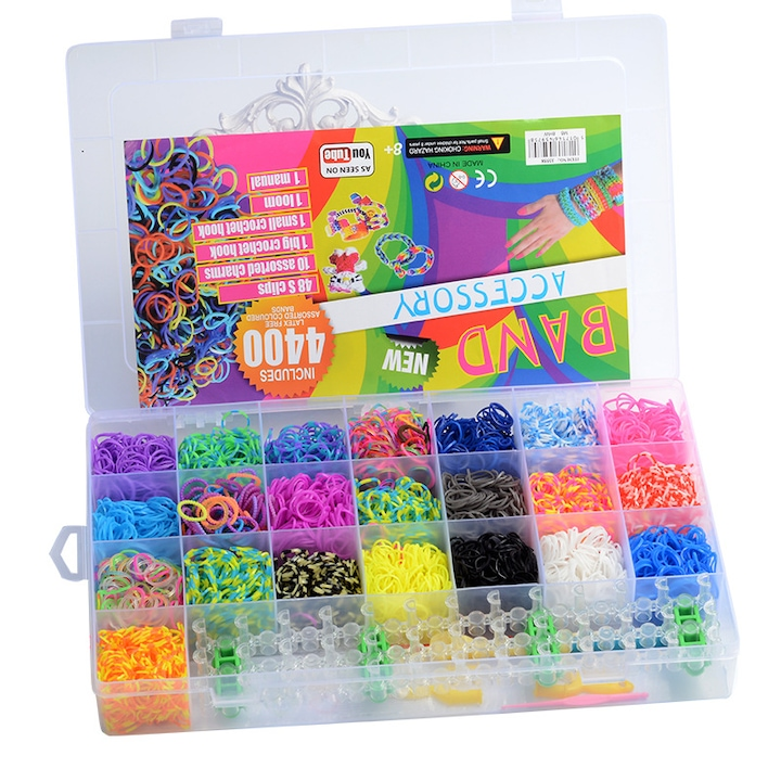 Set creativ DIY cu accesorii pentru realizarea bratarilor din elastic, NEVERMORE, 4400 piese, Multicolor
