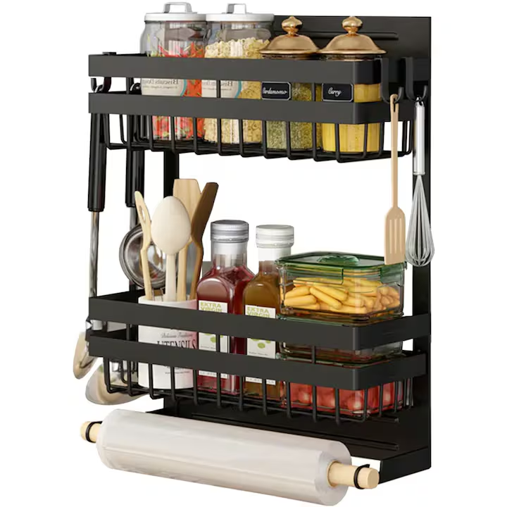 Raft universal cu suport rola prosop, NEVERMORE, cu 4 carlige, prindere magnetica, 38 x 30 x 11 cm, Negru