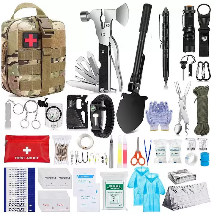 Kit complet supravietuire 35 in 1, Trusa Prim Ajutor, Topor Multifunctional, Lopata Pliabila, Lanterna, Busola, Patura de Urgenta, Pentru Camping, Drumetii si Pescuit, Cadou perfect