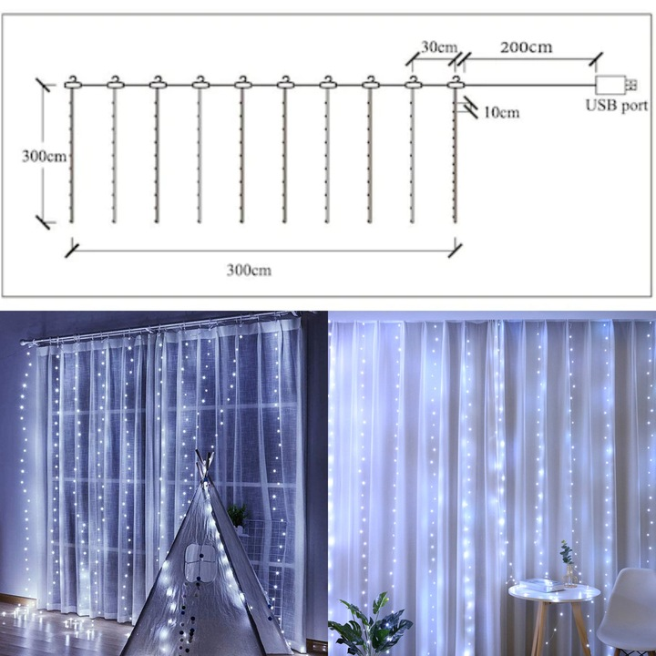 Instalatie de Craciun, NEVERMORE, Perdea, 3 m x 3 m, 300 led, 8 Moduri, alimentare USB, cu carlig, Rezistent Apa, Luminozitate reglabila, cu Telecomanda, Alb Rece