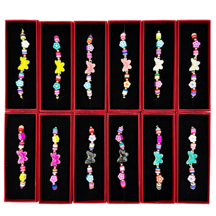 Set 12 martisoare bratari cu cutii, NEVERMORE, Fluturas, Lungime reglabila, B25S1201, Multicolor
