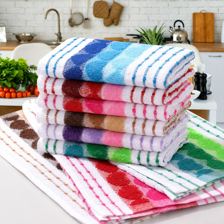 Set 12 Prosoape de Bucatarie, 40 x 60 cm, Absorbante si Moi, Lavabile si Reutilizabile, pentru Vase, Maini si Curatenie, Multicolor
