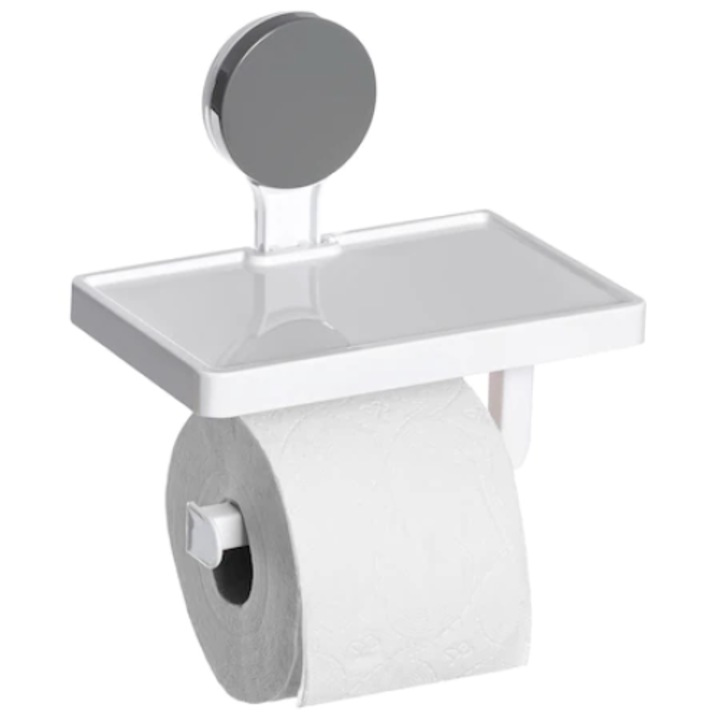 Suport hartie igienica cu raft depozitare telefon, NEVERMORE, prindere cu ventuza, 18cm, Alb