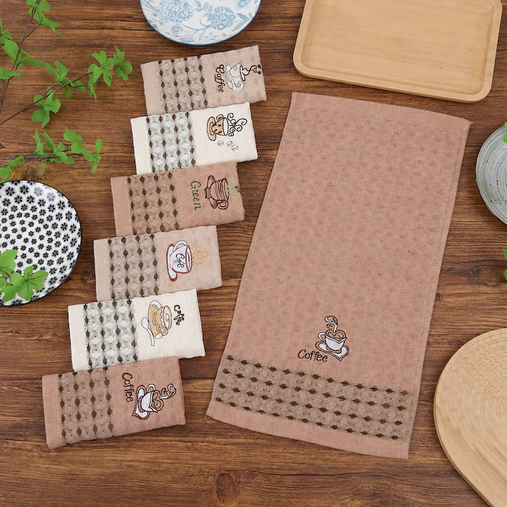 Set 12 Prosoape de Bucatarie din Bumbac, 24 x 48 cm, Model Coffee, Moi si Absorbante, Lavabile si Reutilizabile, Culori Asortate