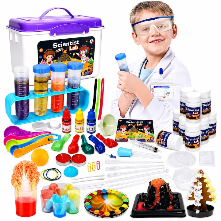 Set de joaca educativ laborator de stiinta, 80 de Experimente, Instructiuni in limba Romana, Ochelari de Siguranta, Multiple Accesorii, Reutilizabile, Portabil, Usor de utilizat, ８ ani +, Cutie de depozitare inclusa, Multicolor