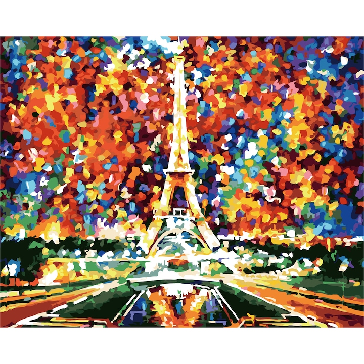 Set pictura pe numere - panza pe rama lemn 40x50 cm, Turnul Eiffel colorat, NEVERMORE® 273, tablou cu schita, 3 pensule si vopsea acrilica