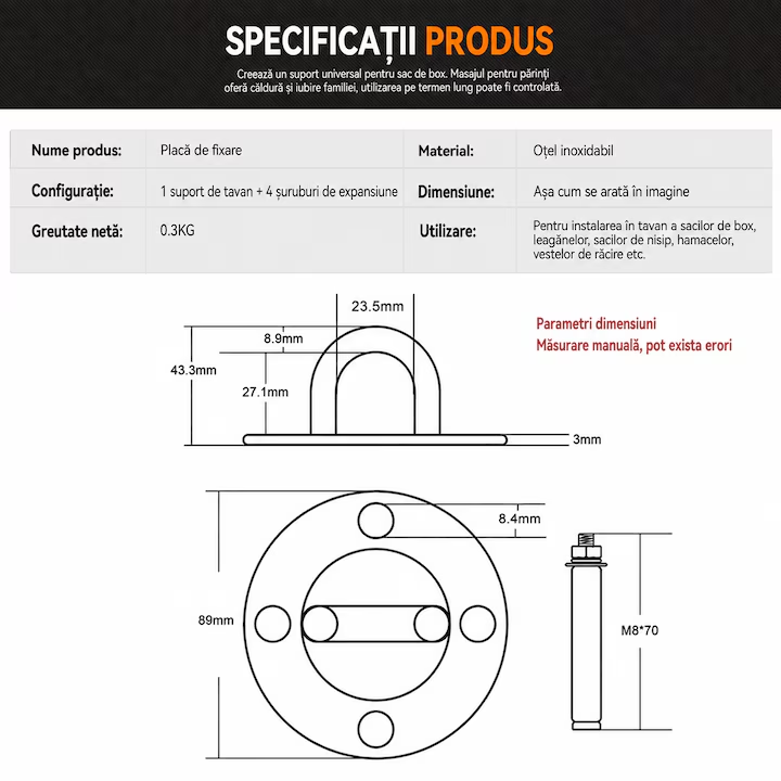Set Suport De Tavan pentru hamac, cu 2 conectori carabinier si pivot rotativ 360°, Carlig tavan rotativ, cu suruburi de fixare, capacitate 400kg, Inox, Argintiu