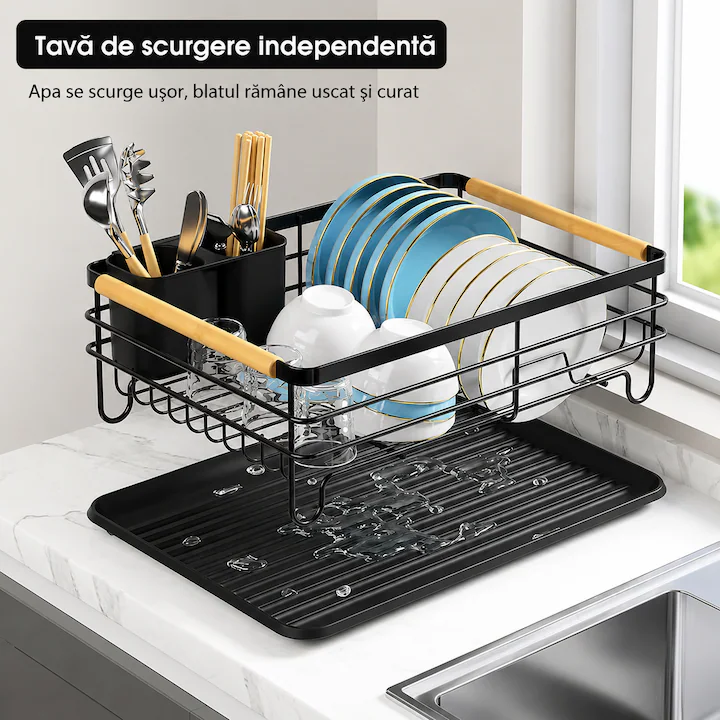 Scurgator vase, Suport pentru vase, Uscator vase, suport tacamuri si pahare, 42 x 30 x 14.5 cm, Negru