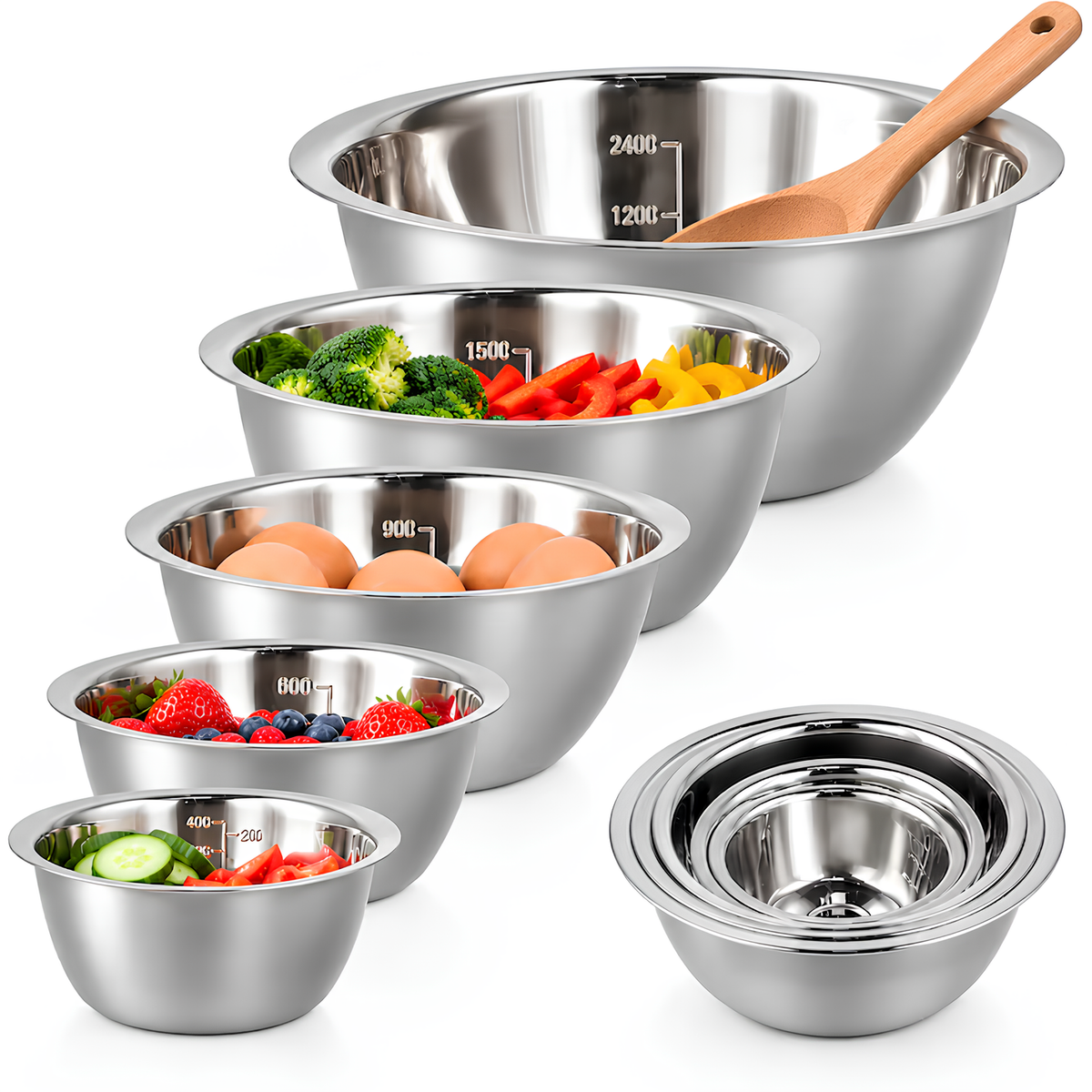 Set 5 Boluri de Bucatarie din Inox, cu Gradatii de Masurare, Diametre 14/16/20/22/24 cm, pentru Amestecare, Salate, Depozitare, Sosuri, Preparare si Servire, Argintiu
