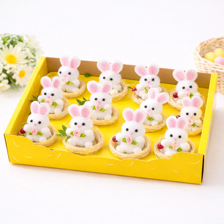 Set 12 Iepurasi Decorativi pentru Paste cu Cuib, NEVERMORE, Ornamente de Paste pentru Masa sau Cos Cadou, Decoratiuni Primavara, Mini Figurine Iepuras 5x4 cm, Multicolor