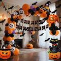 Set baloane si decoratiuni Halloween, 101 piese, baloane latex si folie, banner Happy Halloween, dovleac, pisica, lilieci, accesorii pentru petreceri si decor acasa