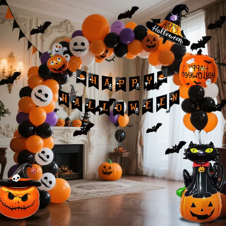 Set baloane si decoratiuni Halloween, 101 piese, baloane latex si folie, banner Happy Halloween, dovleac, pisica, lilieci, accesorii pentru petreceri si decor acasa