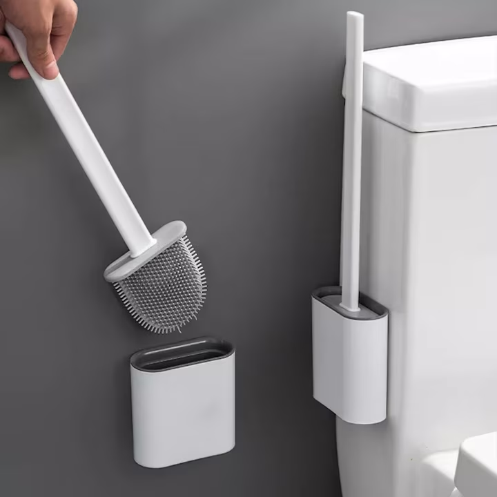 Perie WC din Silcon pentru Vasul de Toaleta, NEVERMORE, cap flexibil, suport autoadeziv, Alb