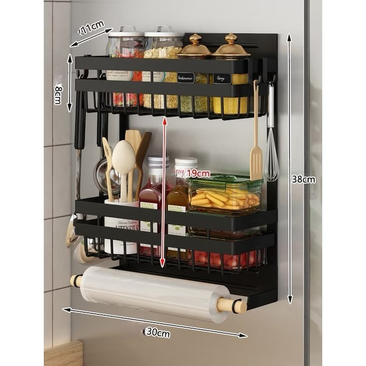 Raft universal cu suport rola prosop, NEVERMORE, cu 4 carlige, prindere magnetica, 38 x 30 x 11 cm, Negru