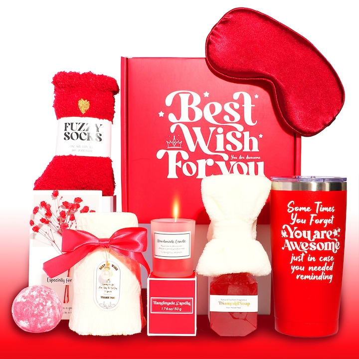 Set cadou spa pentru femei, NEVERMORE, 10 piese Cutie cadou, Ingrijire corp, Cana termos din inox, Bila de Baie, Sare de Baie, Sosete, Bratara, Lumanare Parfumata, cadou relaxant pentru Valentine, Ziua Mamei, Craciun, rose