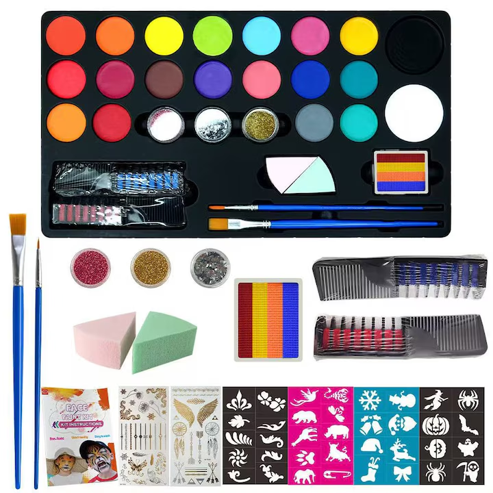 Set profesional, pictura pe fata si corp, copii si adulti, 20 culori, 2 pensule, sabloane, sticker, vopsea pe baza de apa, non-toxic, 3 ani +