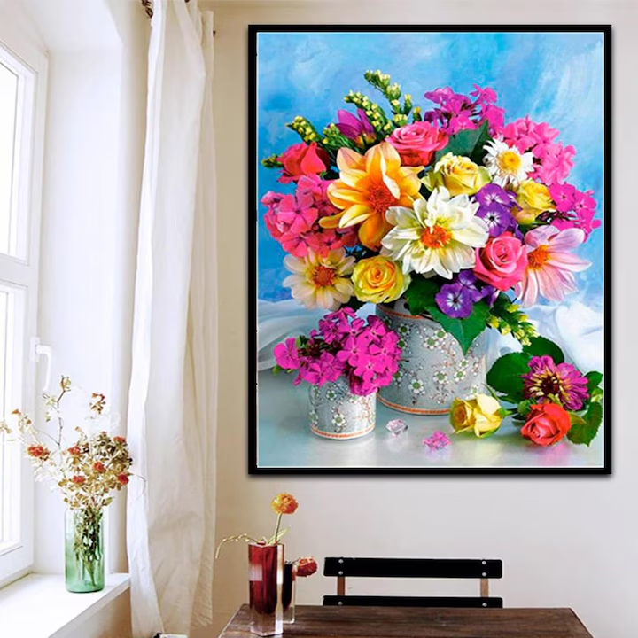 Set pictura pe numere - panza pe rama lemn 40x50 cm, Flori, NEVERMORE®, tablou cu schita, 3 pensule si vopsea acrilica
