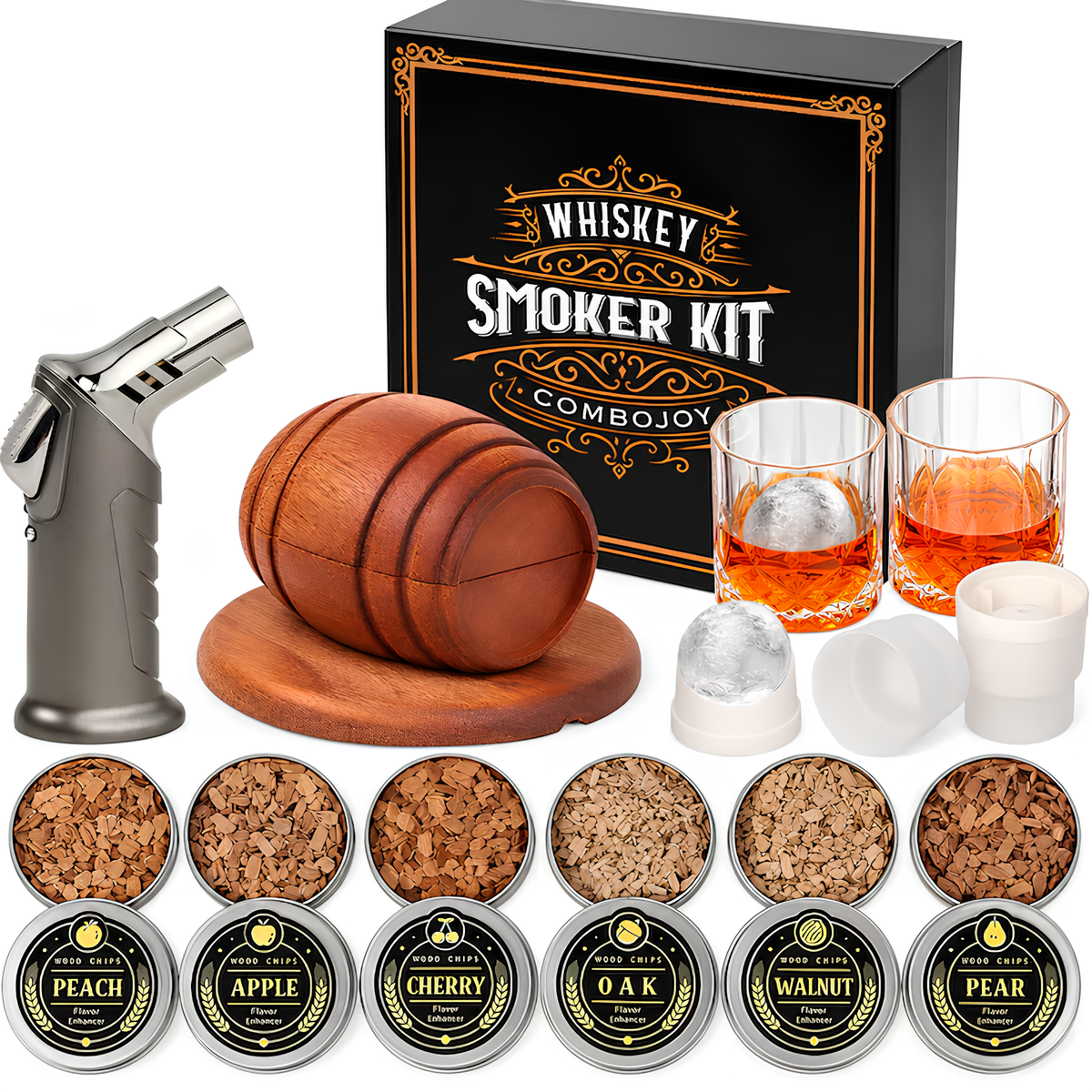 Set Cadou pentru Afumarea Whisky-ului si Cocktailurilor, Whiskey Smoker Kit, 2 Pahare, 6 Arome de Aschii de Lemn, 2 Forme pentru Bile de Gheata, Arzator cu Flacara Reglabila, Cutie Cadou, Negru