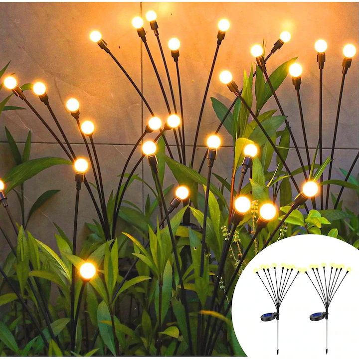 Pachet 2 Lampa solara de gradina, 8LED, Efect de licurici, Impermeabil, Alb cald